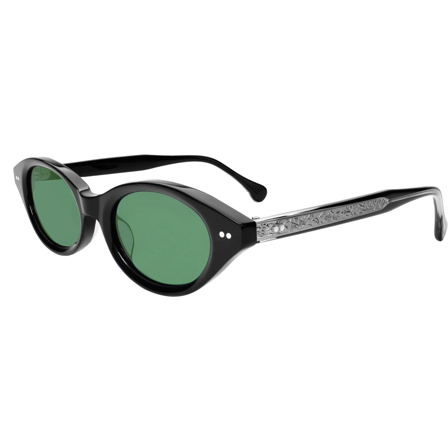 Vintage Oval Sunglasses Women Luxury Silver Carved Temples Acetate Sun Glasses Retro Small Frame Black Shades UV400