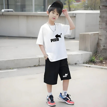 Summer Rabbit Graphics Boys Black Girls Pink Age 3-12 Tee+Shorts Suit Children Short Sleeve T-shirts Child  Casual Clothes
