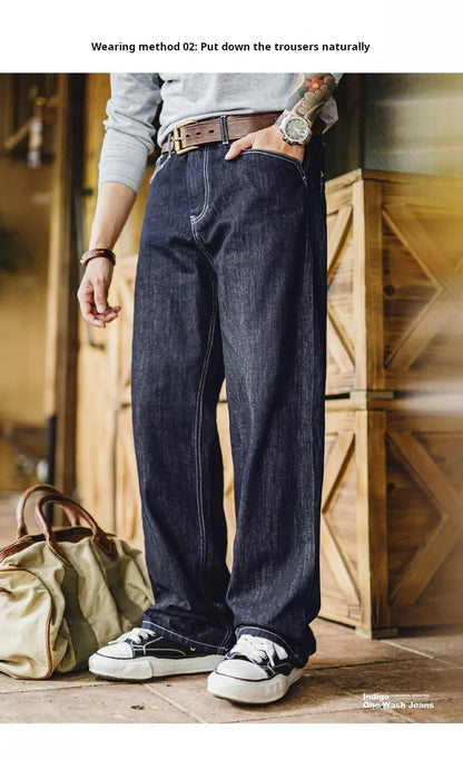 Vintage 12oz One-Washed Denim Jeans for Men Straight Wide Leg Trousers Loose Fit Zip Fly Casual Pants for Fall Winter