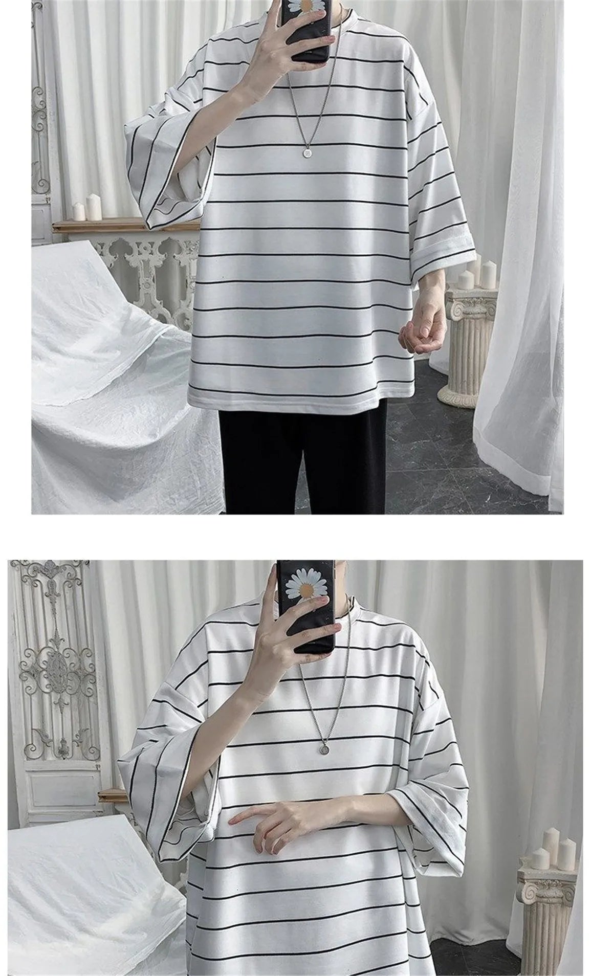2026 Summer Oversized T-Shirt Men Funny Harajuku Tshirt Streetwear Femme Striped Japan Hip Hop Loose Half Sleeve T Shirts Male