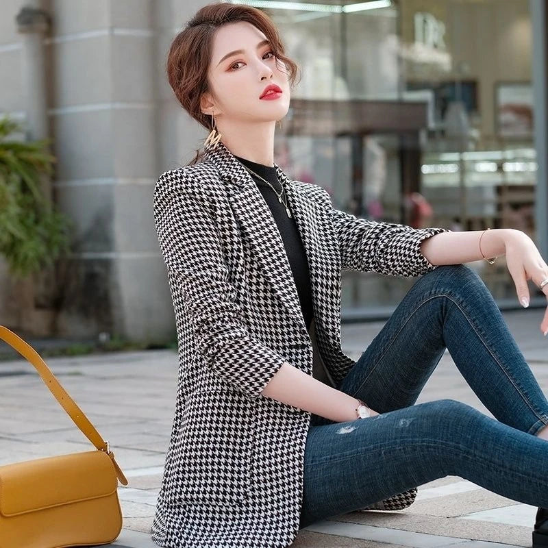 Women's Houndstooth Pattern Blazer Long Sleeve 2025 New Spring Autumn Korean Style Elegant Casual Elegance Daily Wear
