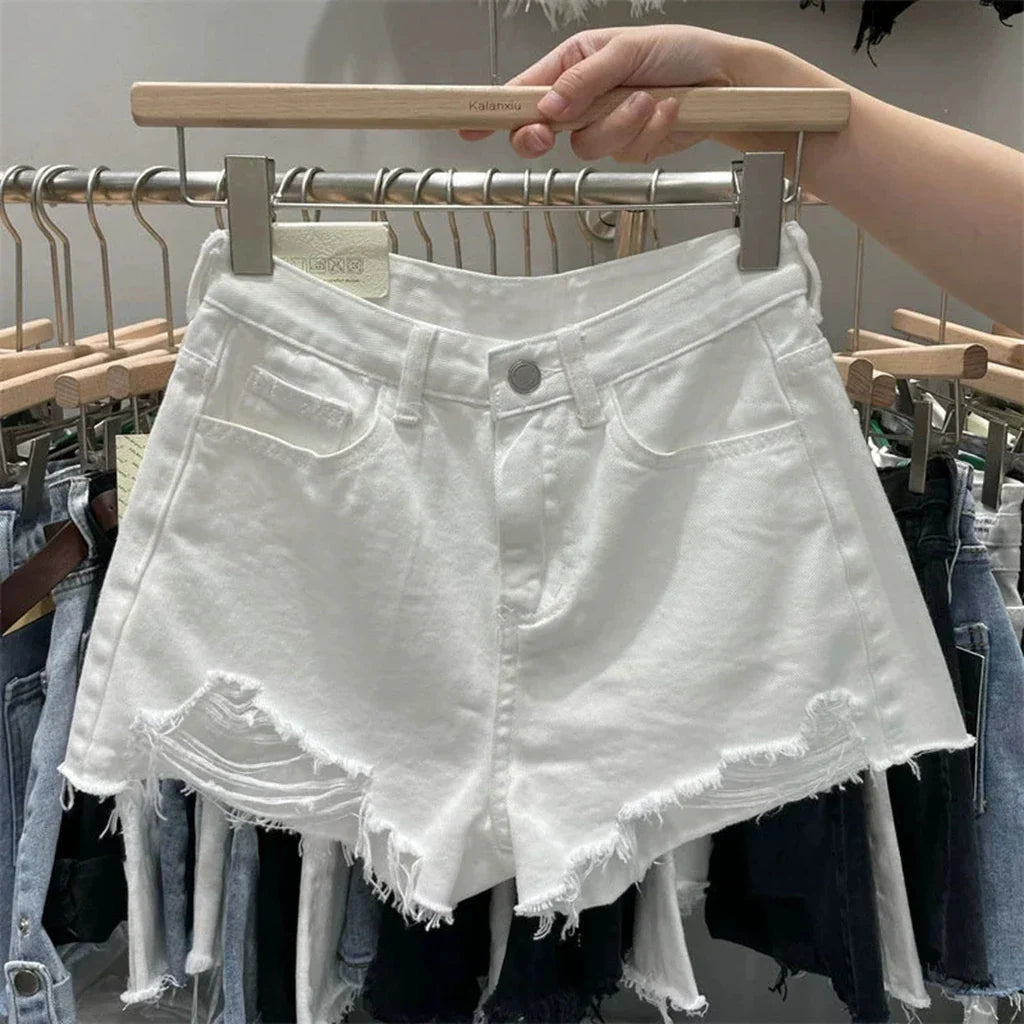 Summer Women Ripped Washed Hole Hight Waist Denim Pants Short Bermuda Pant Casual Tassel Tight Five-point Stitch Street Pants