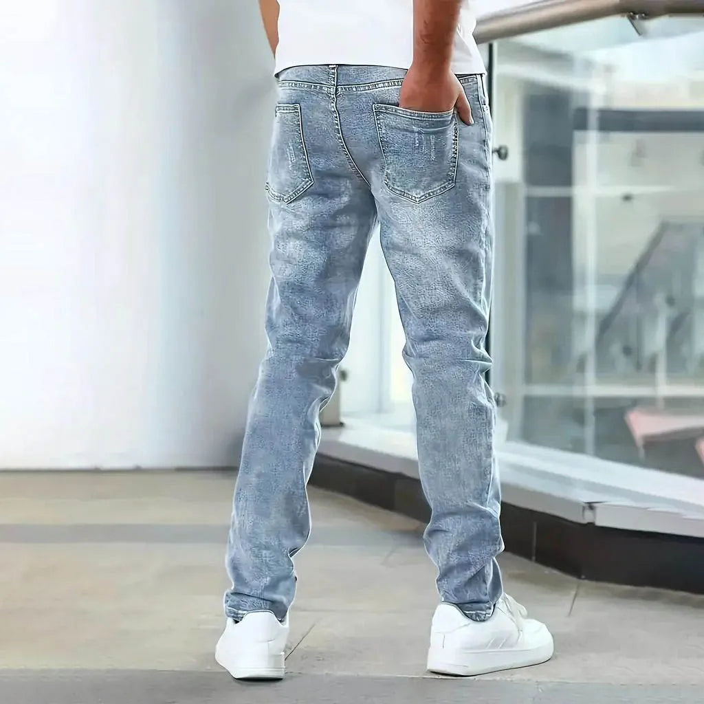 2025 New Men's Slim-Fit Snowflake Washed Jeans Four Seasons Stretch Denim Machine Washable Mid Stretch Casual Pants