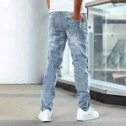 2025 New Men's Slim-Fit Snowflake Washed Jeans Four Seasons Stretch Denim Machine Washable Mid Stretch Casual Pants