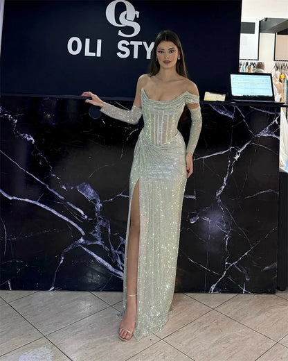 Dubai customized Silver Shiny Prom Dress With Sleeve Off Shoulder Vestidos de noche Side High Split Formal event dress
