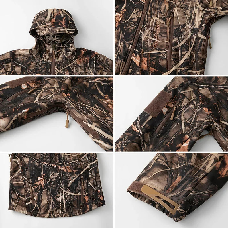 Men's Silent Camouflage Hunting Jacket Waterproof Fleece Tactical Jackets Soft Shell Outdoor Hiking Fishing Hooded Coat