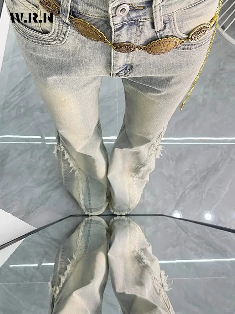 Vintage Casual Trashy Flared Pants Women's Y2K Tassels Full Length Denim Trouser Street Retro Grunge 2000s High Waist Jeans