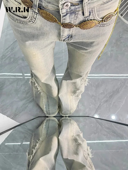 Vintage Casual Trashy Flared Pants Women's Y2K Tassels Full Length Denim Trouser Street Retro Grunge 2000s High Waist Jeans