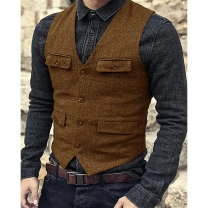 Men Vest V Neck Classic Steampunk Suit Wool Tweed Notch Lapel Thick Tweed For Wedding Groom Banquet Waistcoat