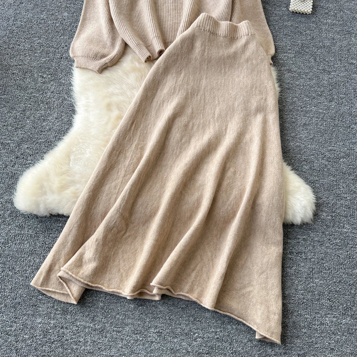 Autumn Casual Two Pieces Sets Women O-Neck Loose Knitting Top+Elastic Waist Large Swing Skirt Basic Korean Winter Sets