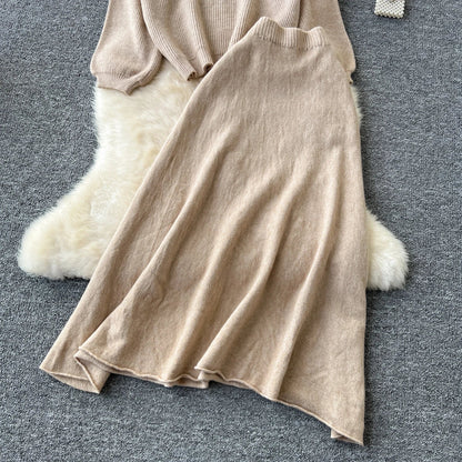 Autumn Casual Two Pieces Sets Women O-Neck Loose Knitting Top+Elastic Waist Large Swing Skirt Basic Korean Winter Sets