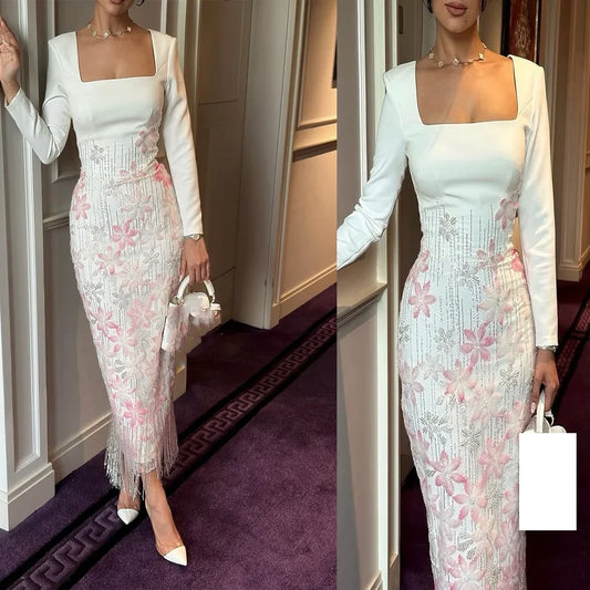 Gorgeous Square Collar Satin Floral Applique Saudi Evening Dress Sheath Long Backless Prom Gown with Long Sleeve Customized