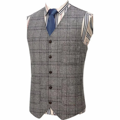 Men Vest Gray Checkered Single Button V Neck Waistcoat For Wedding Party Prom Business Work Office Daily Casual Men Suit Vest