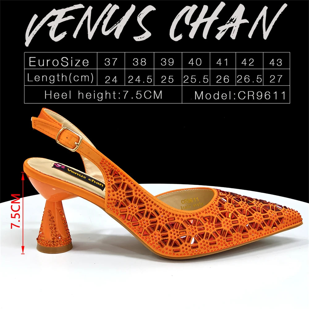 2026 New Elegant Champagne Color Pointed-Toe Italian Women's High-Heeled Shoe and Bag Set with Full Diamond Design for Parties