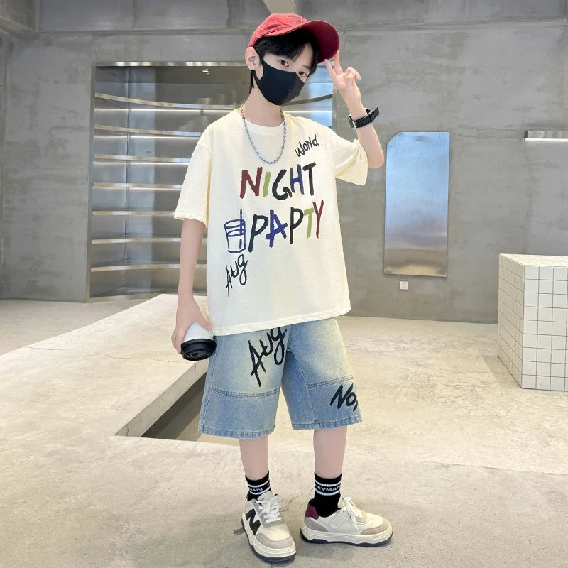 Luxurious Boys Set Summer Outfit Suit Age 5 6 7 8 9 10 11 12 13 14 Years Child Clothing Set Kids Letter T-shirt and Denim Shorts