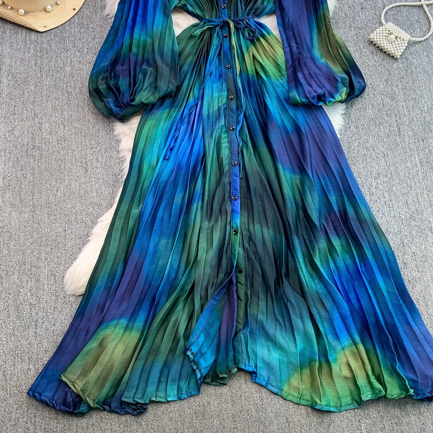 Ele Printed round Ne Lantern Sve Dr Women's Single Button Waist Cinch Maxi Skirt Long Dr Commute Sle Autumn