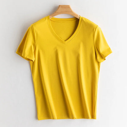 6% Real Silk Cotton Modal Women's T-shirt 2026 Summer Tees Short Sleeve Solid Tee Shirts V-neck Casual Woman Basic T shirt Tops