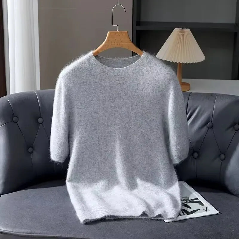 100% Mink Cashmere Knitted Short Sleeved Men's Loose Round Neck Solid Color Half Sleeved Simple T-Shirt Casual Business Cashmere