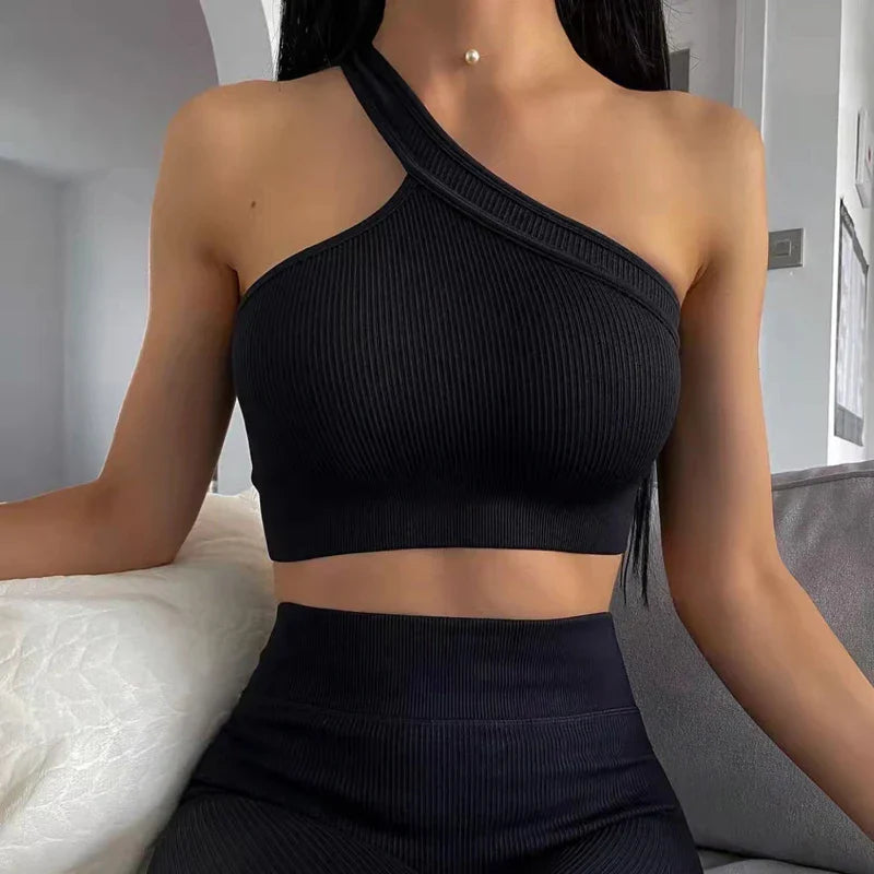 Women Yoga Set Gym Clothing Tracksuit Long Sleeve Crop Top One Shoulder Bra High Waist Seamless Leggings Fitness Sports Suits