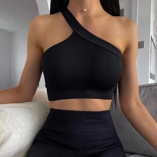 Women Yoga Set Gym Clothing Tracksuit Long Sleeve Crop Top One Shoulder Bra High Waist Seamless Leggings Fitness Sports Suits