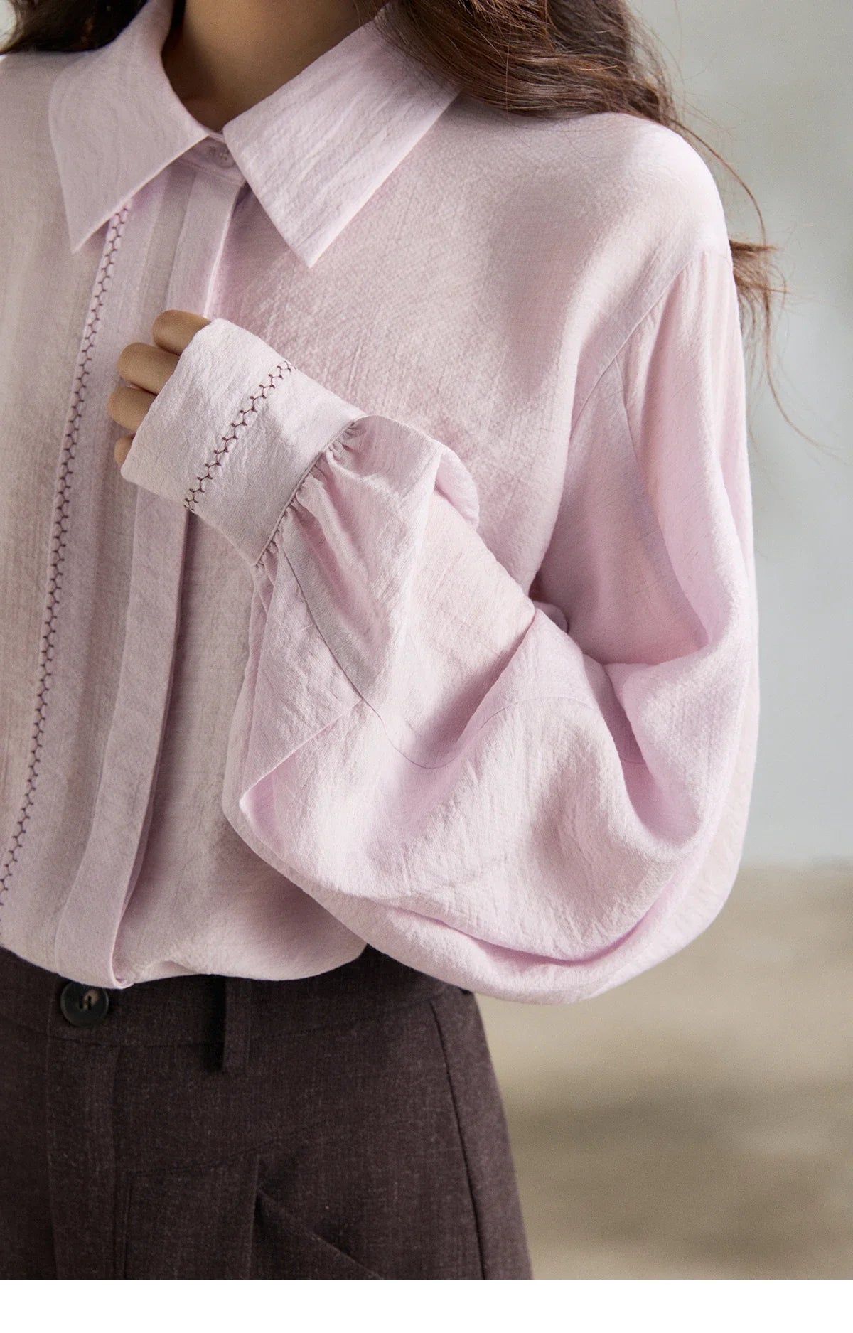 Women's Lapel Lantern Sleeve Shirts 2026 Spring Lace Trim Casual Loose Breathable Solid Shirt Office Lady MXF13C2436