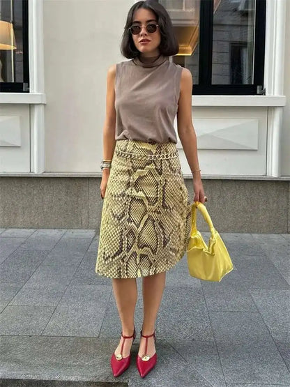 Snakeskin Printed Fashion Skirt Women's High Waist Slim Contrast Patchwork Commute Streetwear Female Vintage Y2k Skirt DDX8
