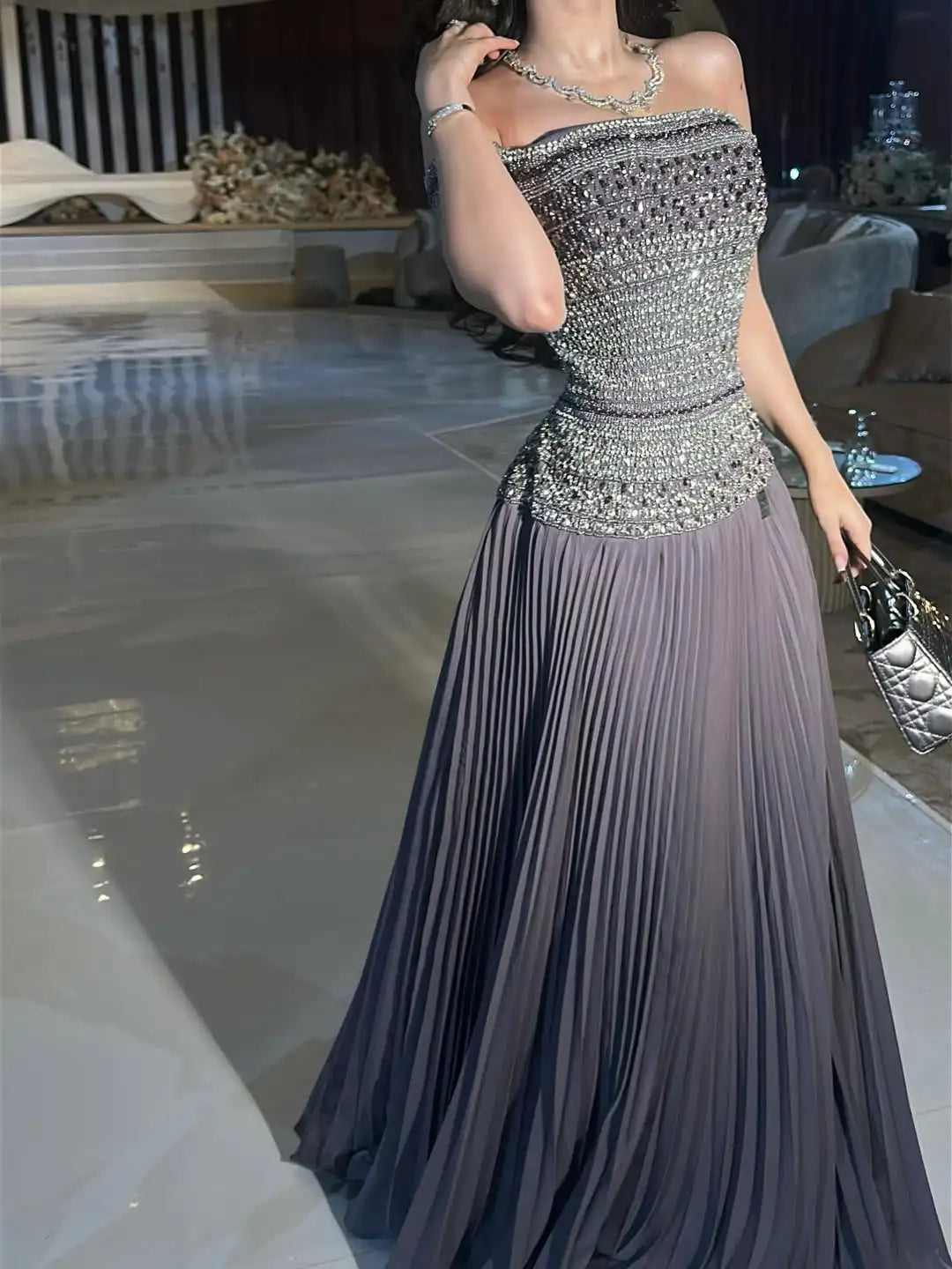 Arabia Elegant Off-the-shoulder Ruffles Shining Crystal Beads A-Line Evening Dress Formal Occasion Gown Party Customized