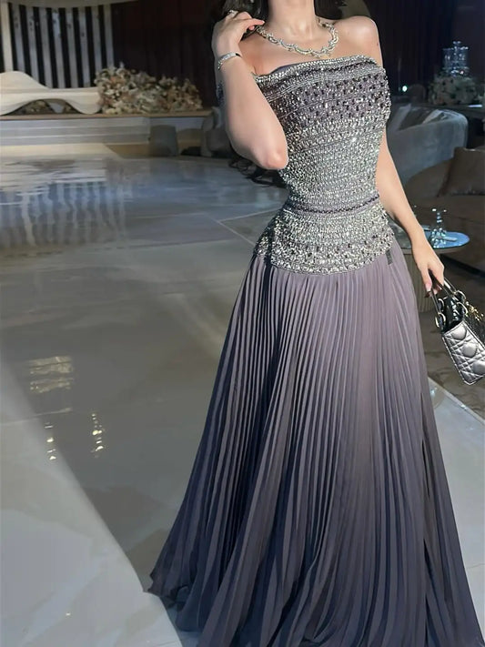 Arabia Elegant Off-the-shoulder Ruffles Shining Crystal Beads A-Line Evening Dress Formal Occasion Gown Party Customized
