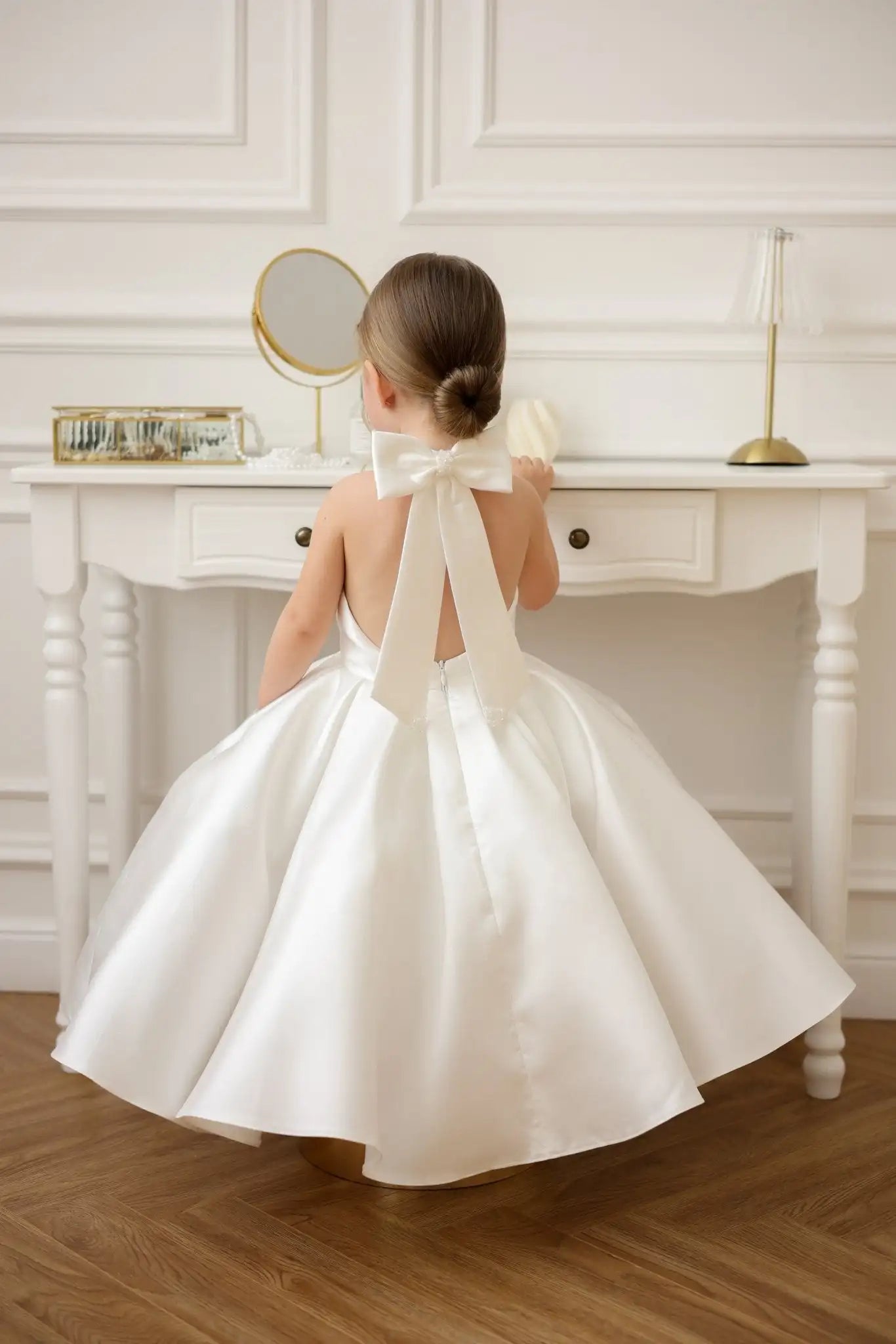 Satin Flower Girl Dress Mini Bridal Wedding Dress Kids Ball Gown 1st Communion Frock Pageant Gown Vestidos De Noiva Customized