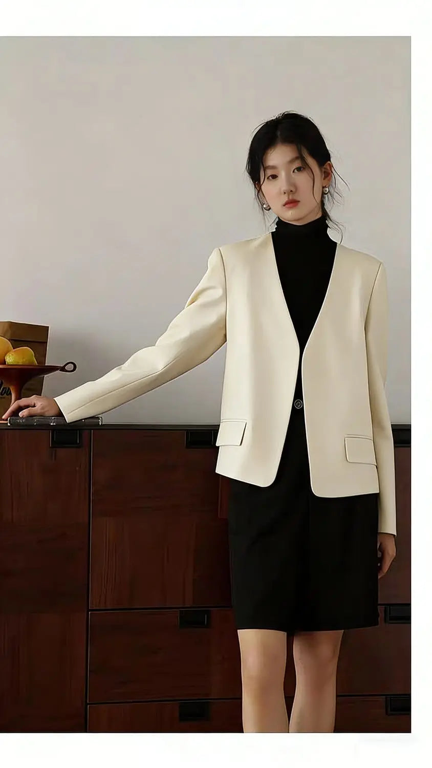 Womens Gray Collarless Blazer Cropped Open Front Suit Jacket Casual Office Outerwear