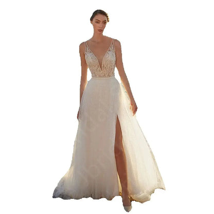 Customized New Arrival Wedding Dresses 2024 Summer Bridal Gowns Lace Beach Bride Dresses Thigh Slit Wedding Gowns Sleeveless