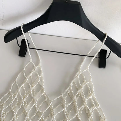 Strap Pearl Camisole Female V Neck Sleeveless Match Sweater Outside Top Fashion High Quality Hollow Out Loose Tank Top