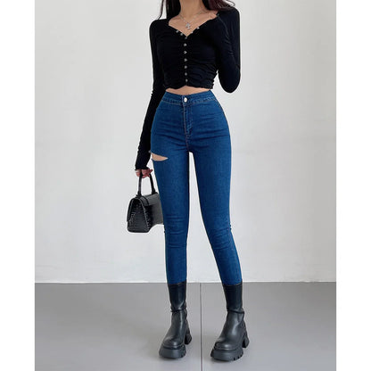 American Spicy Girls Sexy Hole Jeans Slim High Waist Elastic Feet Pencil Pants Trousers Fashion Women BOF8
