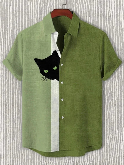 Men's Funny Shirts Harajuku Japanese Men Fun Hide And Seek Black Cat Print Casual Shirt 2025 Summer Holiday 3D Printing Blouse T