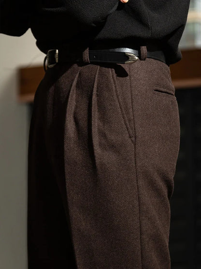 Textured Cross-Weave Wool Tweed Casual Pants Hollywood Waist Loose Straight-Leg Long Pants Vintage-Style Trousers Thick
