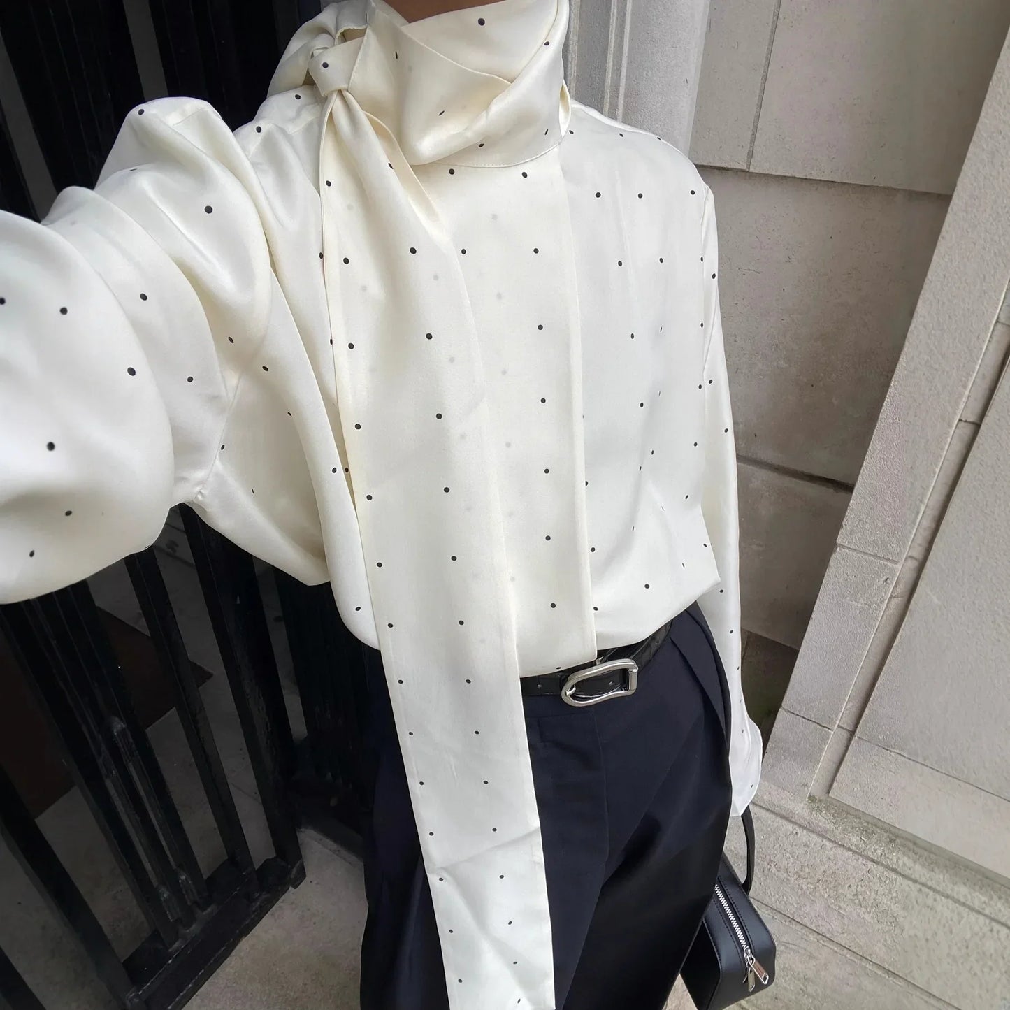 Polka Dot Printed Casual Shirt Women Satin Scarf Neck Elegant Long Sleeve Blouse 2026 New Autumn Lady Daily Street Chic Outwear