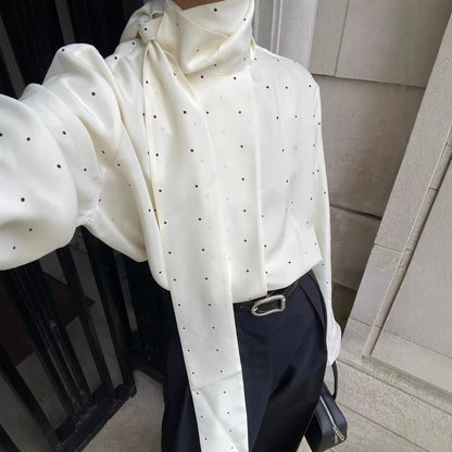 Polka Dot Printed Casual Shirt Women Satin Scarf Neck Elegant Long Sleeve Blouse 2026 New Autumn Lady Daily Street Chic Outwear