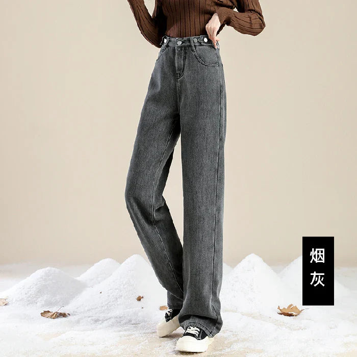 Winter Thick Warm Womens High Waist Jeans Fleece Lined Loose Fit Wide Leg Trousers Korean Style Stretchy Adjustable Waist  Jeans