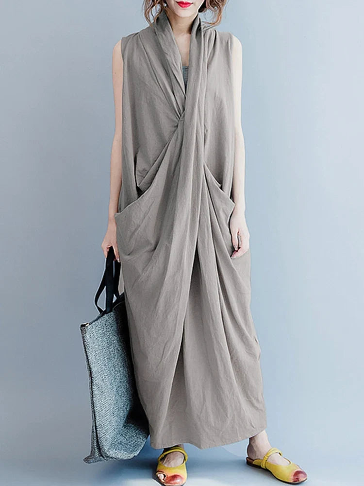 Oversize Asymmetrical Maxi Dress Women's Summer 2025 Holiday Sundress Female V Neck Draped Vestidos Rayon Robes Femme