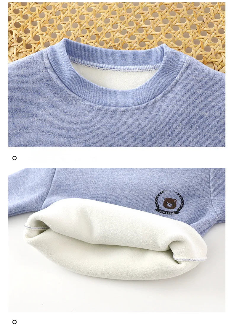 New Children's Warm Underwear Set Boys and Girls Winter Cartoon Plus Velvet Thick Round Neck Sleepwear 2PCS Set