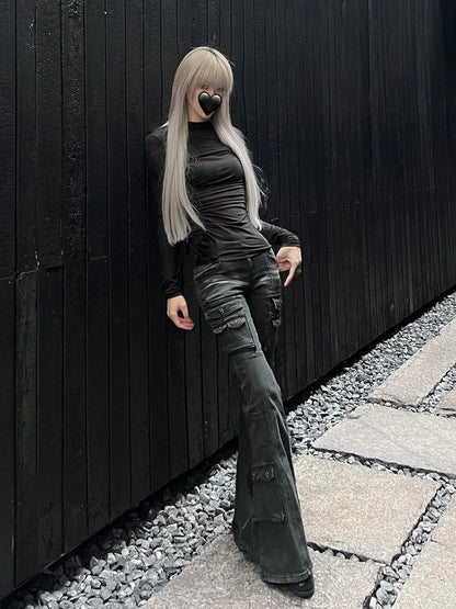 Acubi Fashion Black Flare Jeans Retro Whiskers Skinny Stretch Low Rise Pockets Cargo Pants Women Grunge Alt Streetwear