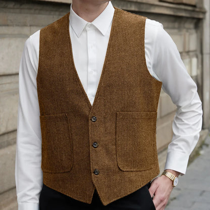 Men Vest Gray Herringbone V Neck Single Button Waistcoat For Wedding Prom Business Casual Formal Daily Office Work Men Suit Vest