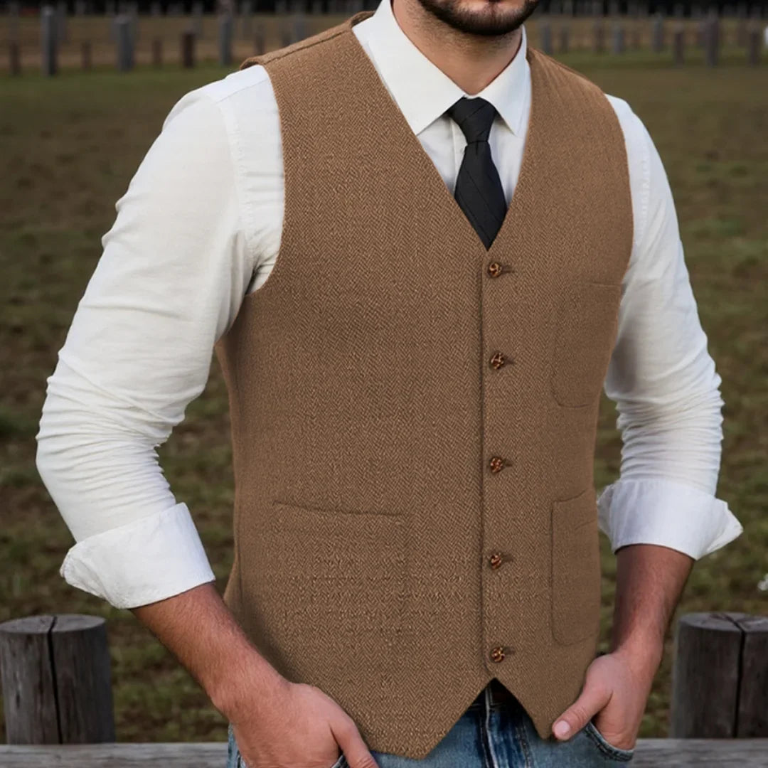 Men Vest Brown Herringbone Single Button With Pocket Waistcoat For Wedding Party Business Work Office Daily Casual Men Suit Vest