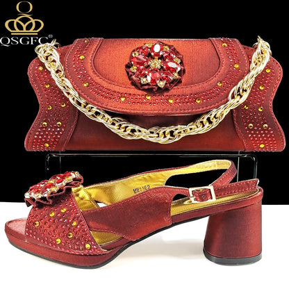 Open Toe Women Heels for 2024 Elegant Party Olive Color Diamond Pumps Italian Shoes and Bags Matching Set