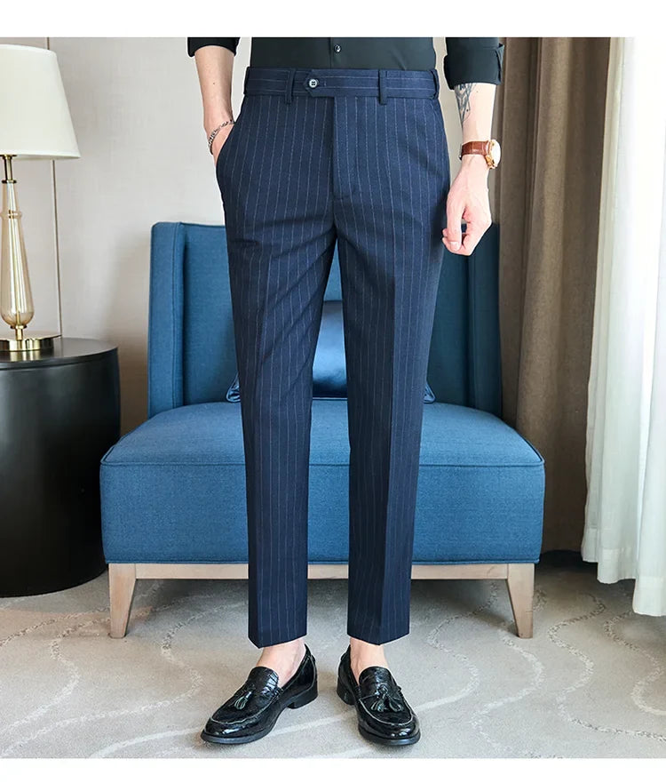 Men's Elastic Waist Striped Suit Pants 2025 New Social Casual Trousers Slim Fit Suit Pants Business Office Wedding Men Clothing