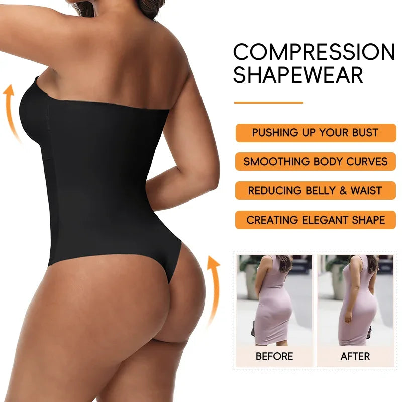 Women Sexy Removable Strap Body Shaper S-4XL Padded Bra Front Closure Hipster Bodysuit Tummy Control Shapewear Thong