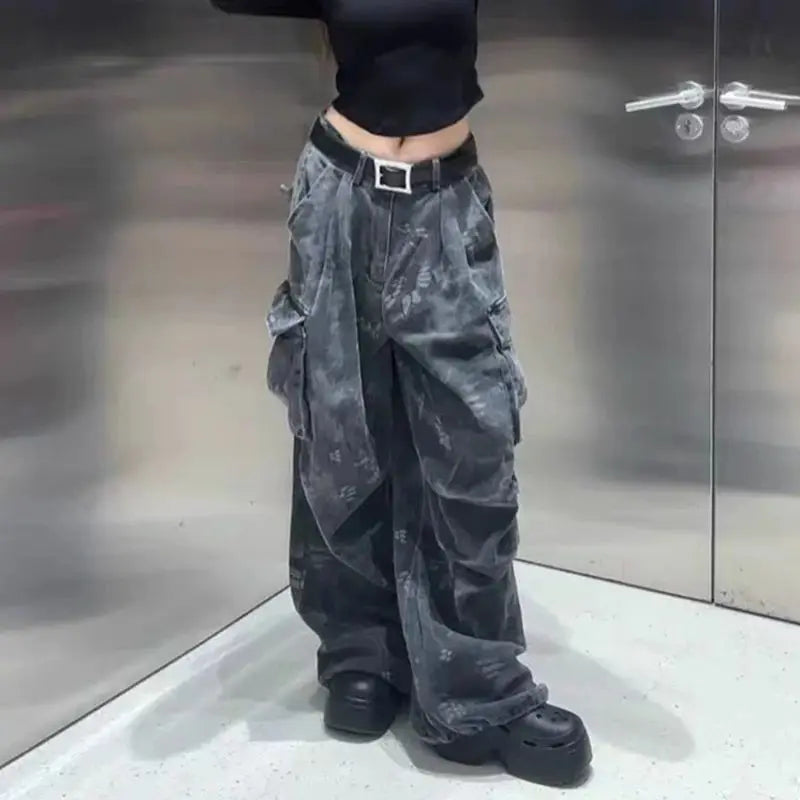Loose Pocket Jeans Womens Cargo Workwear Camouflage American Style 2025 Autumn Winter High Waist Straight Leg Casual Pants