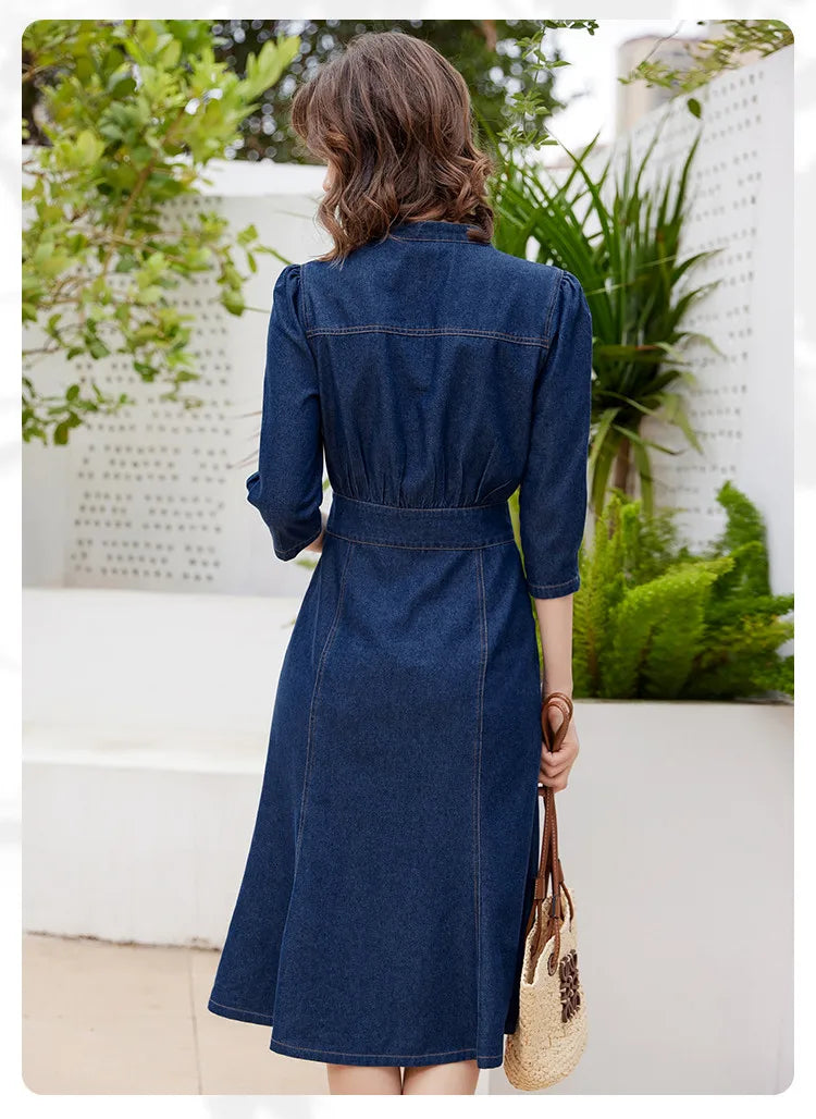 Women Denim Dress Retro Style Casual 2024 Spring Round Neck Three-quarter Sleeve Slim Fit A-line Fishtail Dress