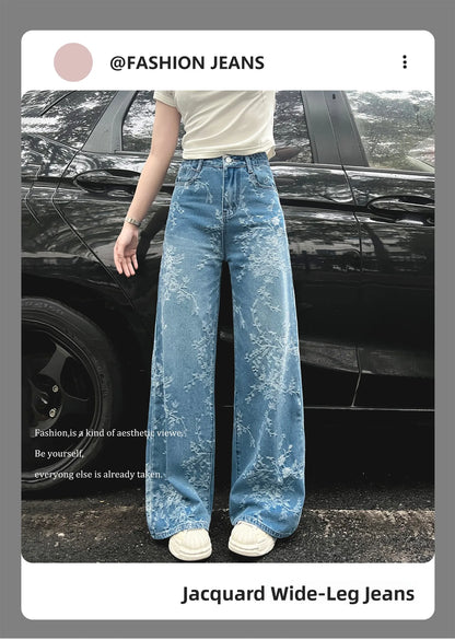 Women's Embroidered Floral Wide Leg Jeans High Waist Slim Fit Straight Cut Summer New Sle Thin Version Casual Denim Pants