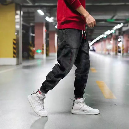 Light Blue Denim Pants for Men Trendy Loose Harem Jeans Retro Ankle-length Pants with Elastic Cuffs Cargo Pants Plus Size 5XL